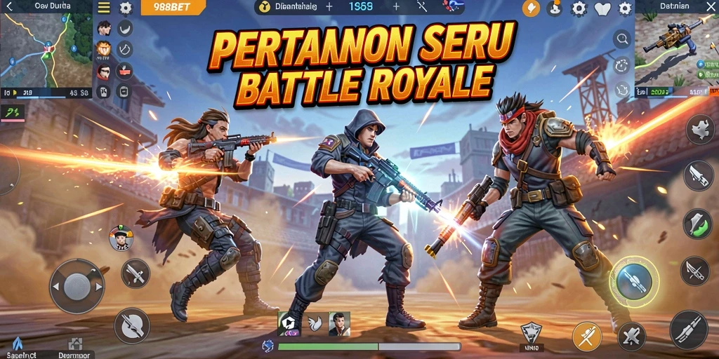 Screenshot utama 988BET menampilkan aksi seru dalam pertarungan Battle Royale.