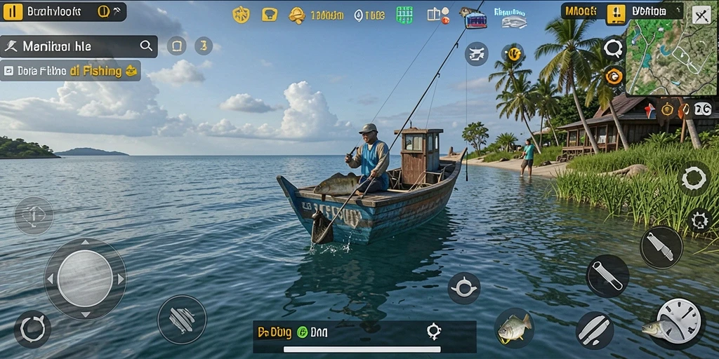 Screenshot utama D06 menampilkan aksi memancing yang seru di bawah laut.