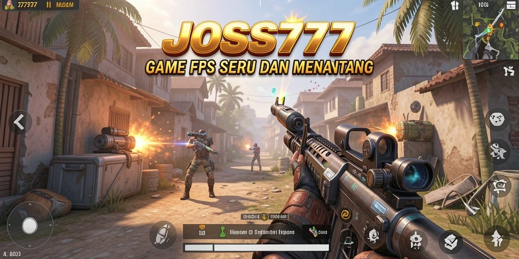 Screenshot utama JOSS777 menampilkan aksi tembak-menembak yang intens.