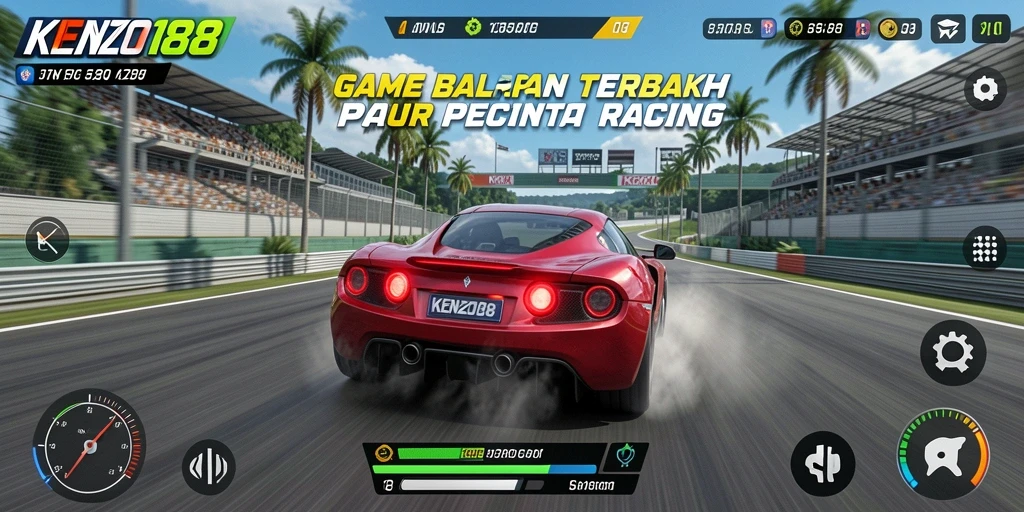 Tampilan gameplay KENZO188 dengan balapan seru dan mobil berdesain menarik.