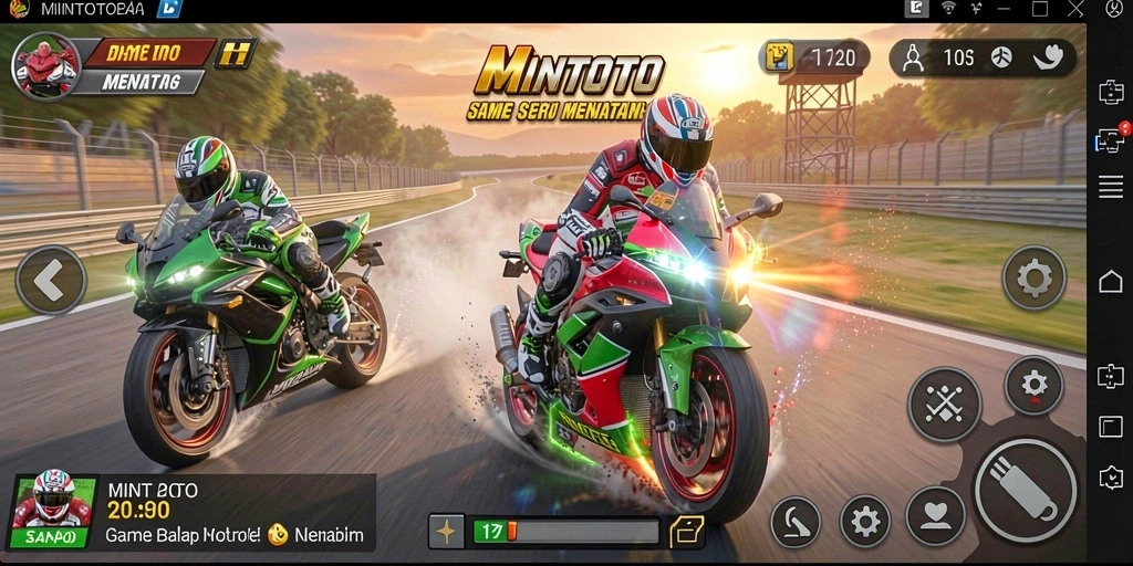 Tampilan gameplay MINTOTO yang seru dan mendebarkan saat balapan motor.