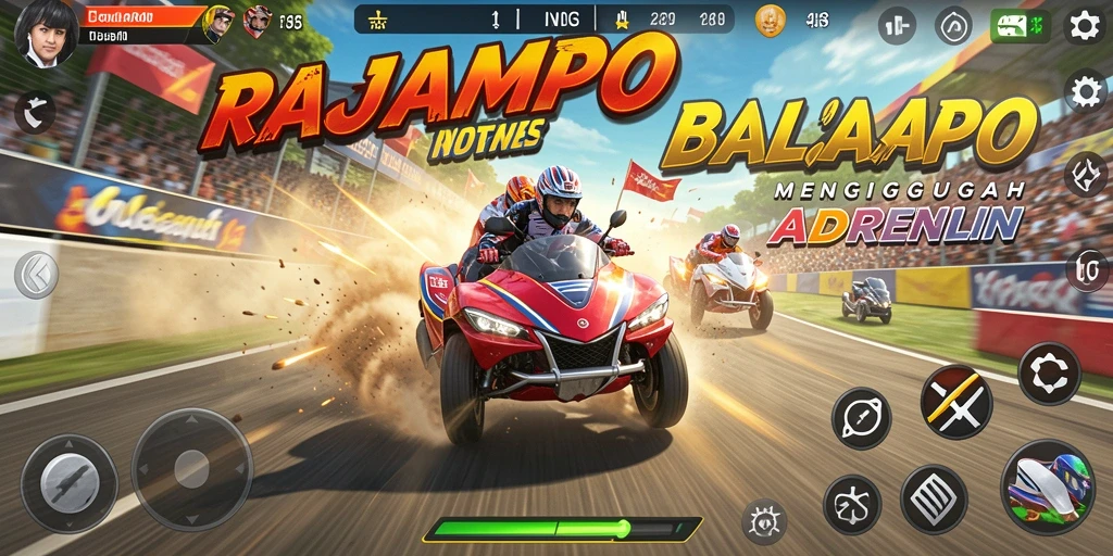 Screenshot utama RAJAMPO menampilkan aksi balapan yang mendebarkan.