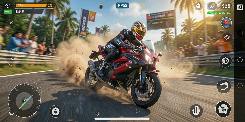 Screenshot gameplay RP55 menampilkan adrenalin balapan motor.