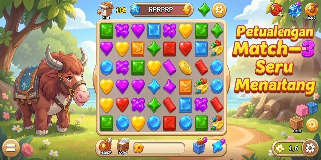 Screenshot gameplay RPRPRP yang menunjukkan tindakan mencocokkan elemen.