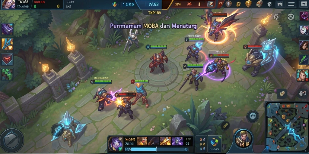 Tangkapan layar gameplay seru TKP188 dengan pertarungan antar hero.