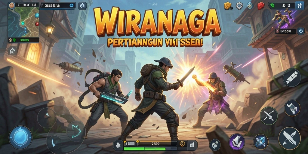 Tampilan screenshot utama WIRANAGA dengan aksi pertarungan yang mendebarkan.